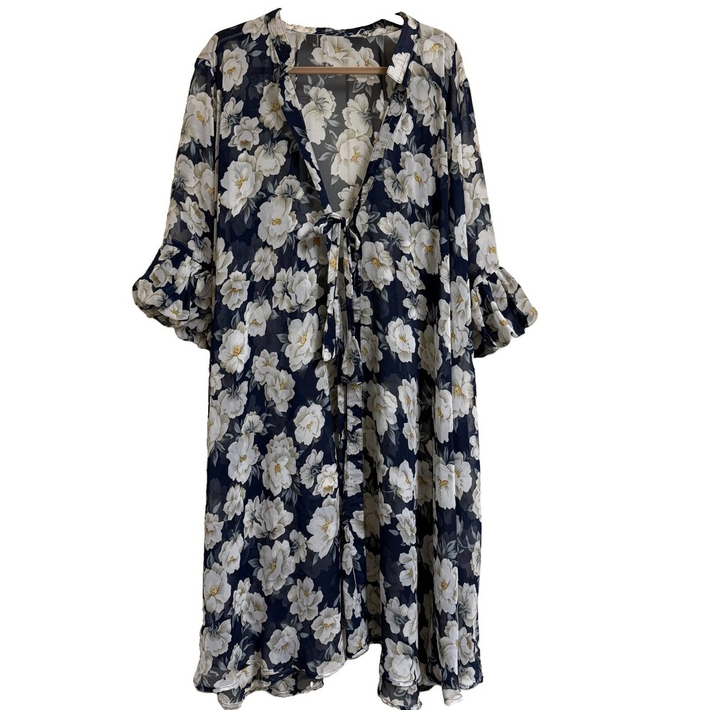 Women's Robe 2X-3X Navy Floral Long Kimono Tie Chiffon Feel Balloon Sleeves
